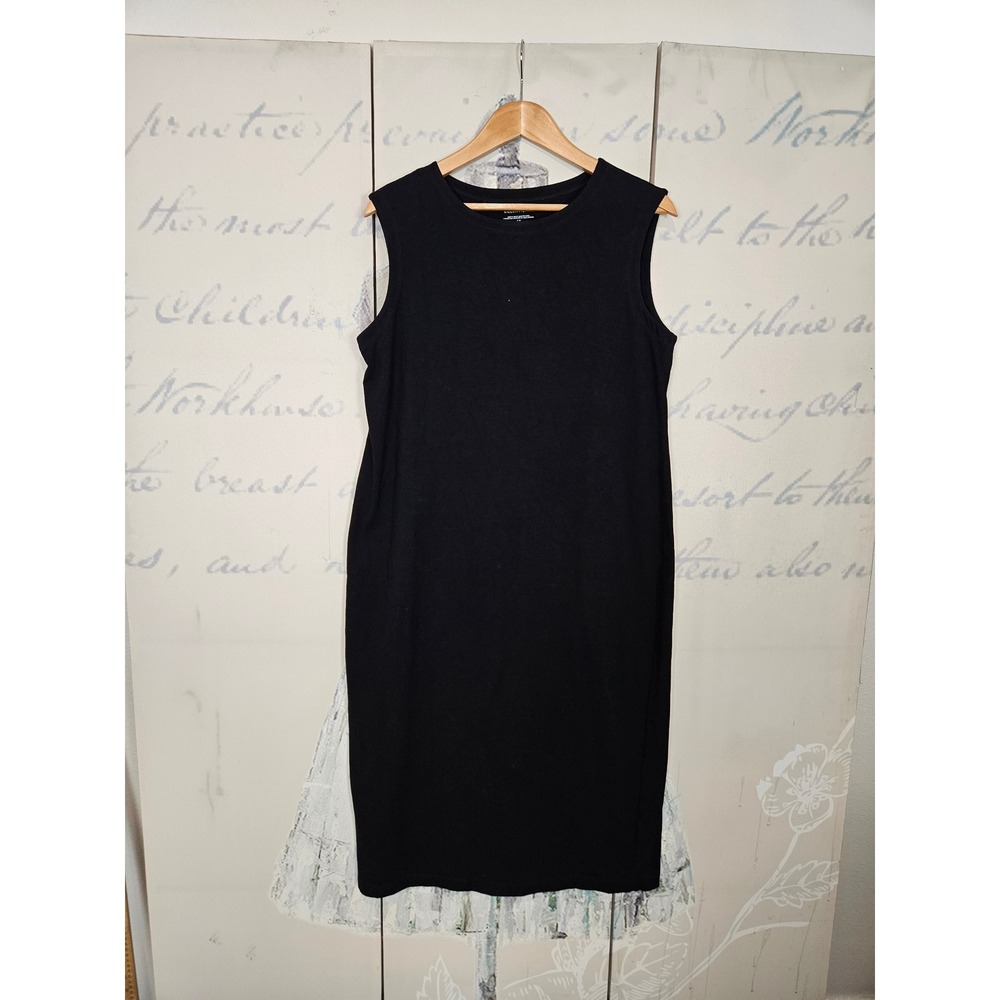 Eileen Fisher Sleeveless Midi Dress S Black Organic‎ Cotton Stretch Minimalist